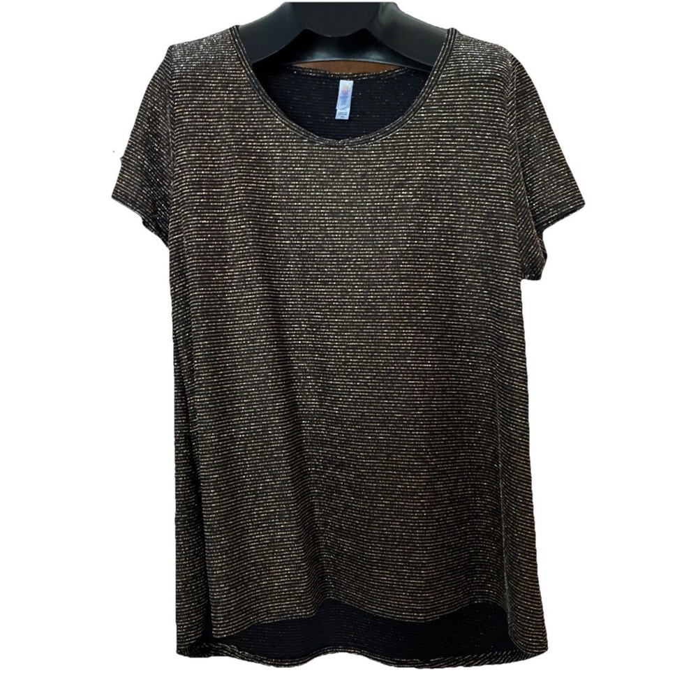 Lularoe Womens Sparkly Mesh Top Blouse Plus Round Neck Gold Sparkle Short Sleeve